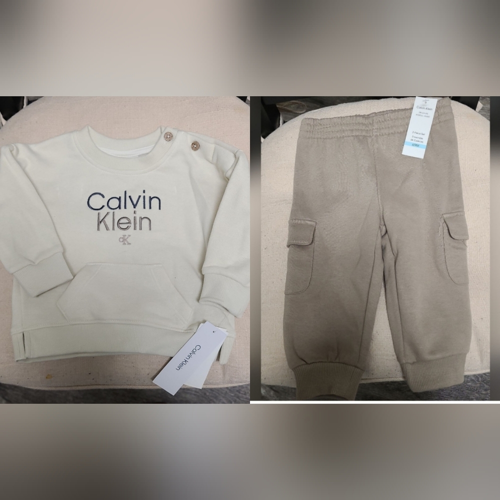 NWT $50 Calvin Klein Baby Boy Cream Sweater & Brown Sweatpants Outfit 6-9 Months
